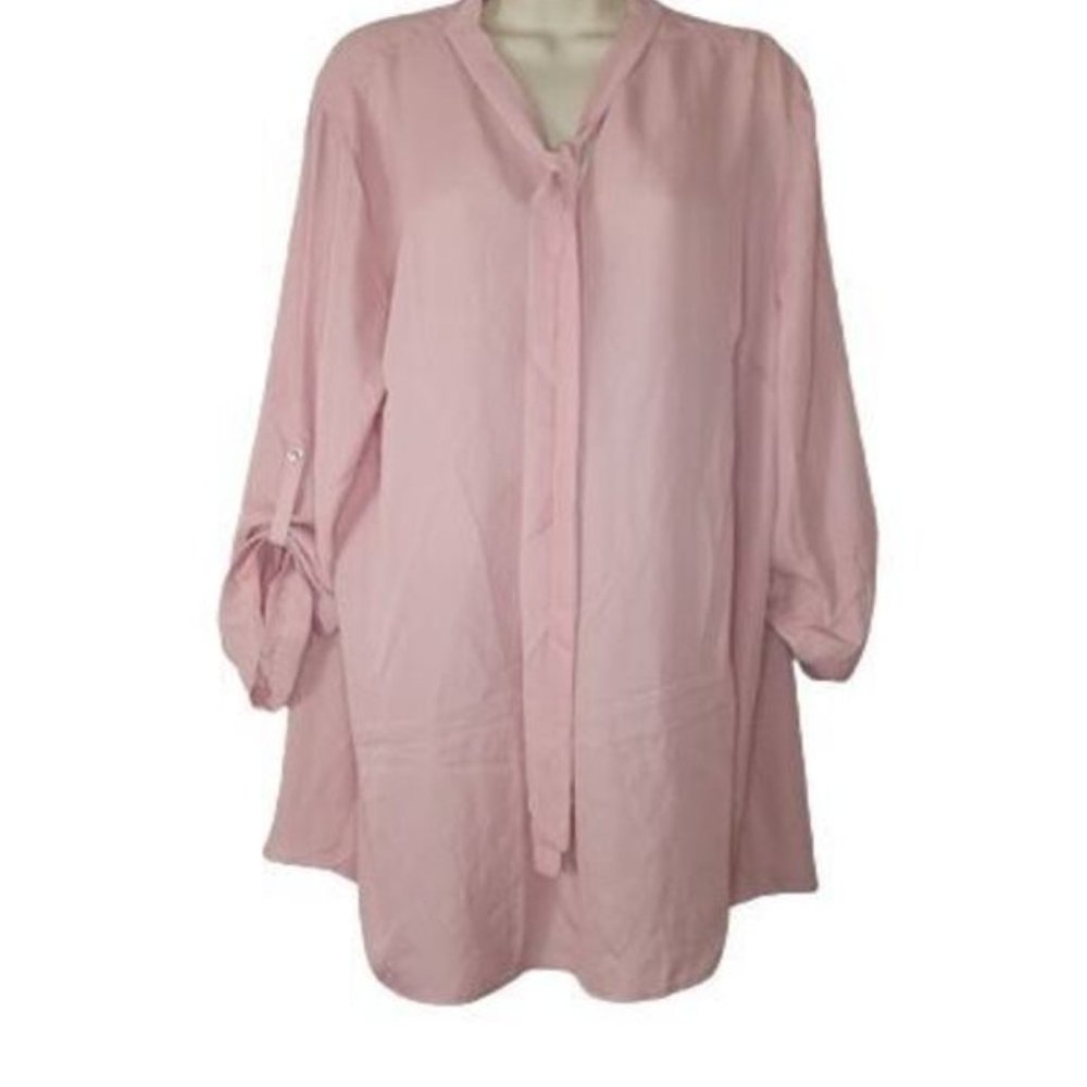 Sweet Lindsey Womens Dusty Rose Pink Tie Neck Roll Tab Sleeve Blouse